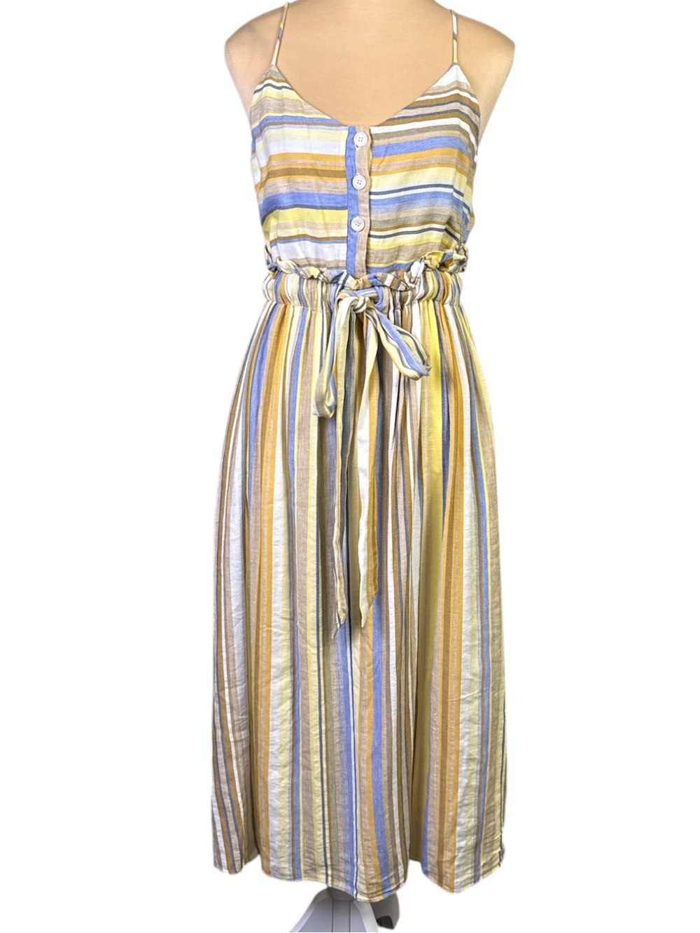 Zara TRF Linen Blend Striped Midi Dress M Yellow Blue White Tie Waist Pockets